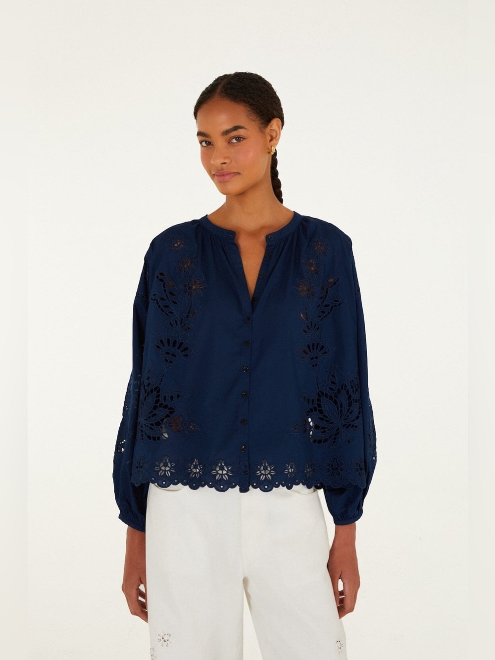 Farm Rio Navy Blue Artisanal Long Sleeve Blouse